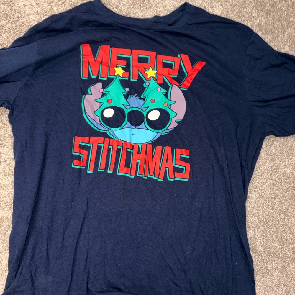Disney Navy Holiday Stitch Graphic Tee with Red and Green Accents